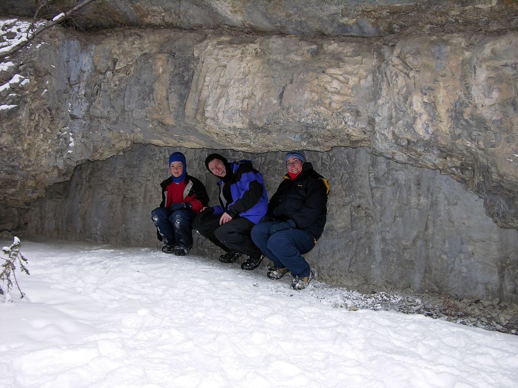 09 Peter Ryan, Jerome Ryan and Charlotte Ryan In Cave At Banff Grotto Canyon In Winter